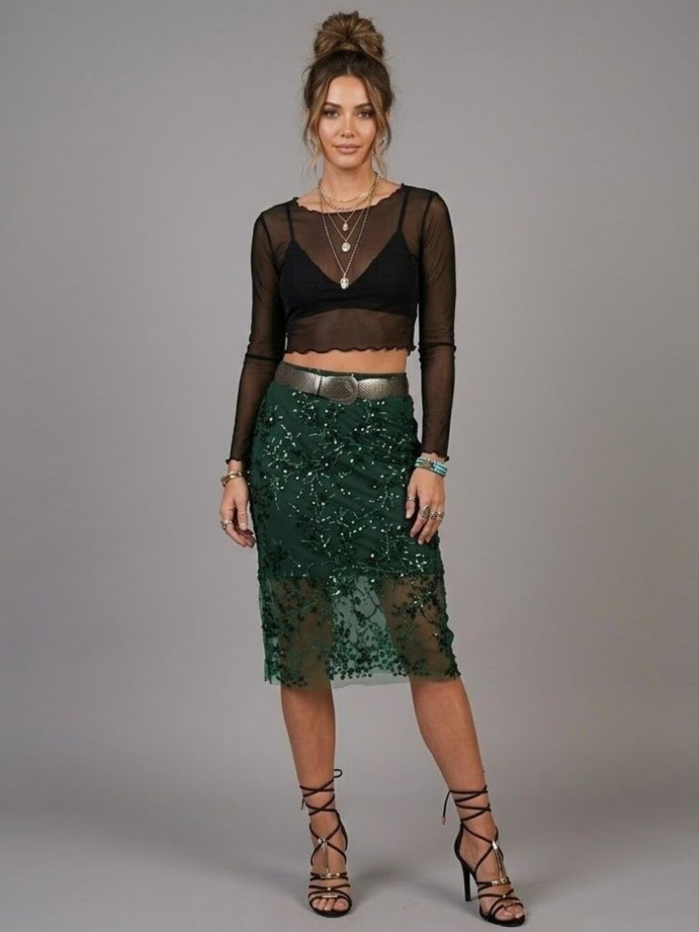 Reformation Green Midi Skirt Size 10 Whimsy Glam Embroidered Sequin Elegant - Picture 7 of 13